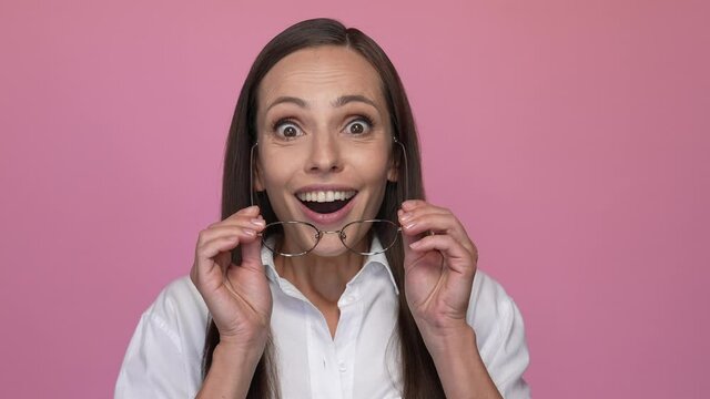 Lady touch specs impressed novelty isolated pastel color background