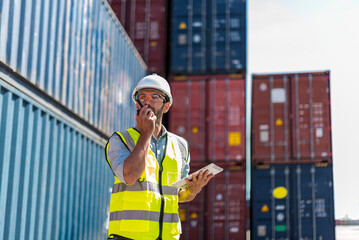 Logistics engineer stand on and Pointing up around Shipping container stacker in commercial...