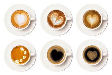 Assortment collection of coffee cup of art latte with froth heart-shaped isolated on white...