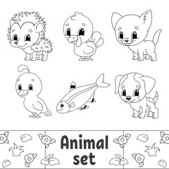Coloring book for kids. Animal clipart. Cheerful characters. Vector illustration. Cute cartoon style. Black contour silhouette. Isolated on white background.
