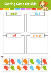 Sorting game for kids. Cut and glue. Education developing worksheet. Matching game for kids. Color activity page. Puzzle for children. Cute character. Vector illustration. cartoon style.