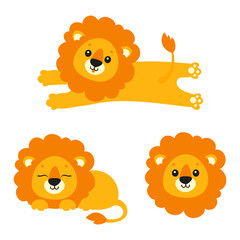 Cute lion. Wild animal. Cartoon character. Colorful vector illustration. Isolated on white background. Design element. Template for your design, books, stickers, cards.