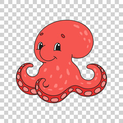 Cute cartoon character sticker octopus. Animal theme. Colorful vector illustration. Isolated on transparent background. Design element