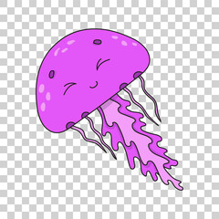 Cute cartoon character sticker jellyfish. Animal theme. Colorful vector illustration. Isolated on transparent background. Design element