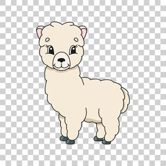 Cute cartoon character sticker alpaca. Animal theme. Colorful vector illustration. Isolated on transparent background. Design element