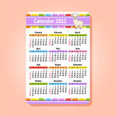 Calendar for 2022 with a cute character. Fun and bright design. Isolated color vector illustration. Pocket size. cartoon style.