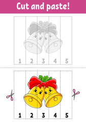 Learning numbers 1-5. Cut and glue. cartoon character. Education developing worksheet. Christmas theme. Game for kids. Activity page. Color isolated vector illustration.