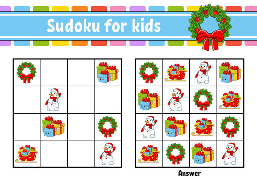 Sudoku for kids. Education developing worksheet. cartoon character. Color activity page. Puzzle game for children. Christmas theme. Isolated vector illustration.