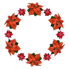 Watercolor christmas wreath with poinsettia. New year wreath for design, print or background