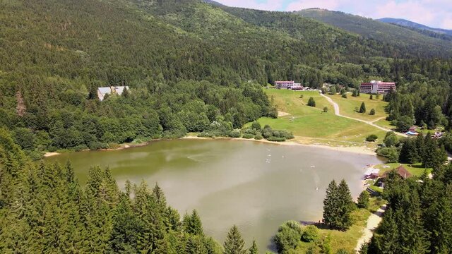 Aerial view of the Krpacovo reservoir in the village of Dolna Lehota in Slovakia
