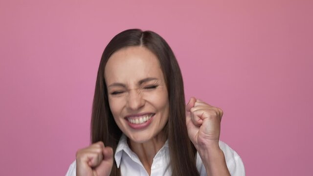 Ecstatic lady fist up yell yeah isolated pastel color background