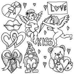 Hand drawn doodles Valentine's Day set. Vector illustrations. Couple in love, hearts, cupids, gifts.
