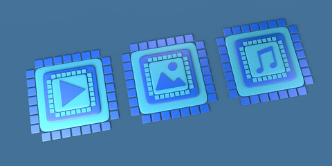 NFT non fungible token. Images, videos and sounds of crypto art. Copy space. 3D illustration.