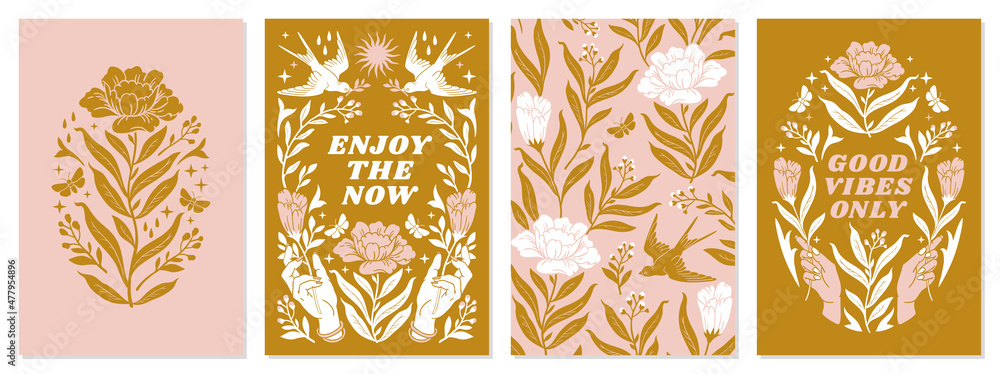 Wall mural boho mystical posters with inspirational quotes about energy, magic and good vibes in trendy bohemia