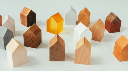 set of tiny wooden toy houses. - obrazy, fototapety, plakaty