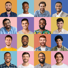 Fototapeta premium Happy male faces over colorful studio backgrounds, collection of photos