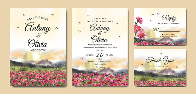 Watercolor wedding invitation of sunrise nature landscape with beautiful red flowers