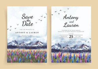 Watercolor wedding invitation with beautiful lavender flowers and mountains 
