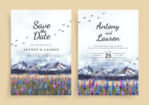 Watercolor wedding invitation with beautiful lavender flowers and mountains 