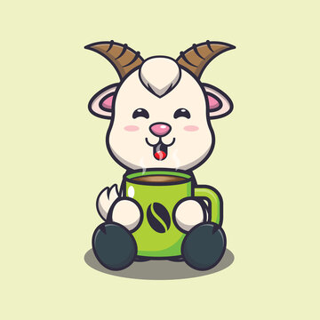 Cute goat with hot coffee. Cute cartoon animal illustration.