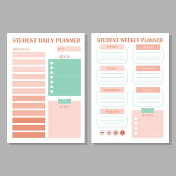 Set of minimalist student planners. Daily, weekly planner template. Design with pink and green elements.