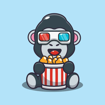 Cute gorilla eating popcorn and watch 3d movie. Cute cartoon animal illustration.
