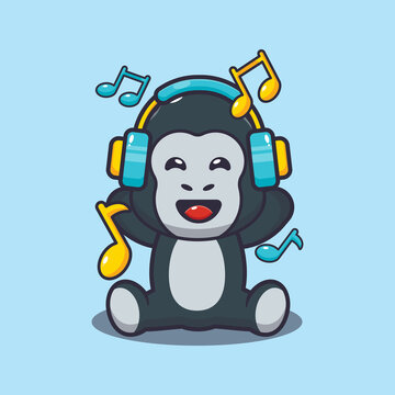 Cute gorilla listening music with headphone. Cute cartoon animal illustration.