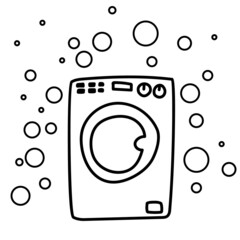washing machine surrounded by soap bubbles doodle style vector illustration