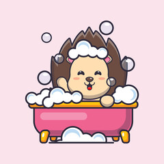 Cute hedgehog taking bubble bath in bathtub. Cute cartoon animal illustration.
