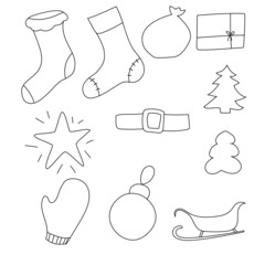 set of hand drawing christmas celebration elements. monochrome vector doodle style, outline