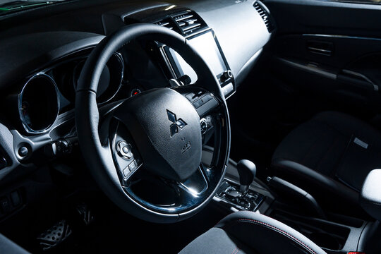 KHARKIV, UKRAINE -24 december, 2021: New Mitsubishi Asx (outlander sport) car interior. It is a compact crossover of the Japanese company Mitsubishi Motors.