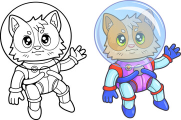 astronaut cartoon cute cat, coloring book, funny illustration