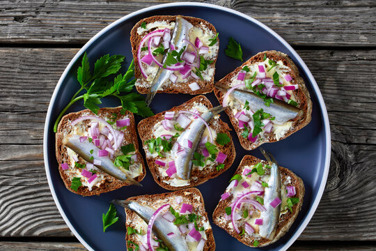 pickled sprat rye bread open sandwiches, top view