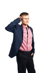 businessman, businessman holds a phone in his hand and looks into it. young man in a business suit takes an important call. isolated