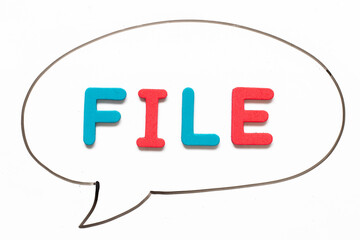 Alphabet letter with word file in black line hand drawing as bubble speech on white board background