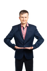 A young man in a business suit holds his hands in front of him. place for writing, place for the subject. isolated