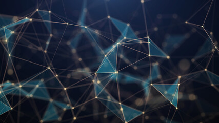 Abstract dark background with moving lines and dots with blue triangles. The concept of big data. Network connection. Internet connection worldwide. 3d rendering.