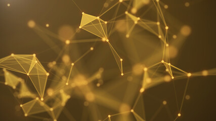 Abstract gold background with moving lines and dots. The concept of big data. Network connection. Internet connection worldwide. 3d rendering.
