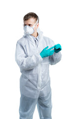 Man in protective overalls, mask and gloves. bacteria, viruses, toxic, corrosive substances. coronavirus. isolated
