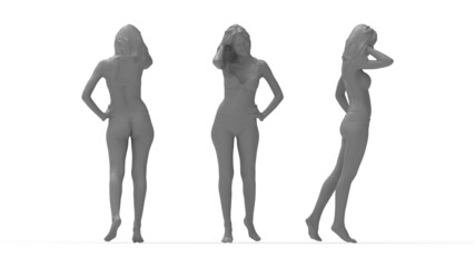 Fototapeta premium 3D rendering of a young slim sexy woman posing in a bikini isolated on empty space background. Multiple views, front side, back.