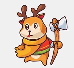 Cute deer holding an ax wearing sweeter. isolated cartoon animal nature illustration. Flat Style suitable for Sticker Icon Design Premium Logo vector. Mascot Character
