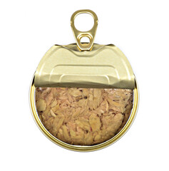 open tuna tin isolated on white background.