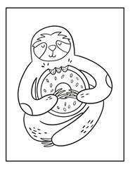 Sloth coloring page. Funny animal with donut.