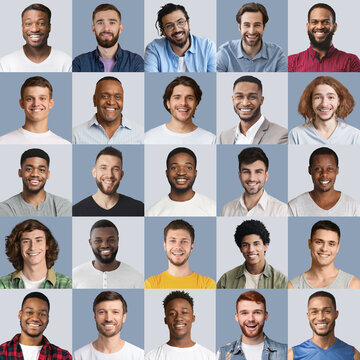 Cheerful multiracial men posing at studio, collection of photos
