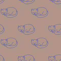 cat sleeps seamless pattern hand drawn doodle, vector. line art, nordic, scandinavian, minimalism, monochrome. wallpaper, textiles, print, wrapping paper, background.