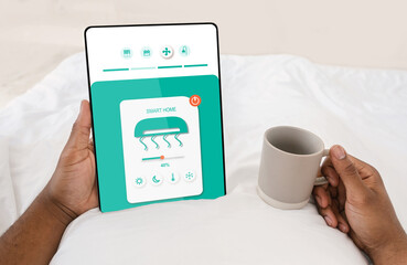 Home control system on screen. Comfortable temperature at house and easy climate control