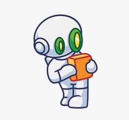 cute astronaut robot curious with a box