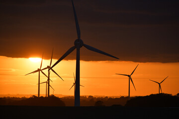 Obraz premium Deep orange sunset falls behind a field of giant wind turbines