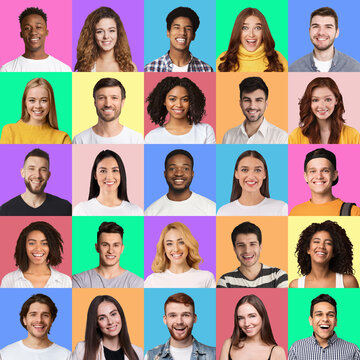 Collection of photos of multiracial students on colorful backgrounds