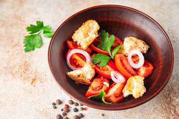 salad panzanella tomato, dried toast bread, onion meal snack copy space food background